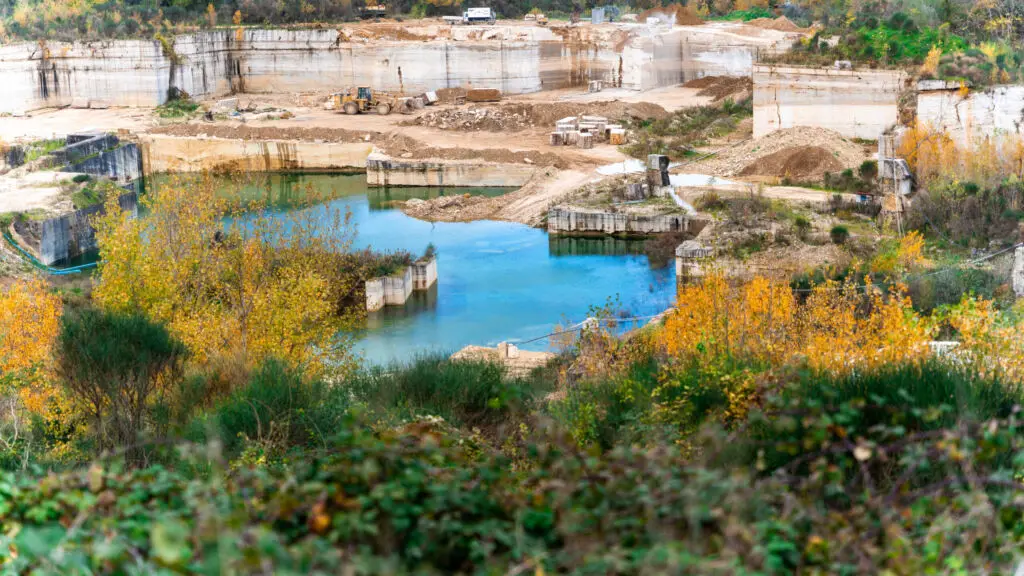 Travertine Quarry in Sienna, Ocean Blue. Ocean Silver, Silver Crystal